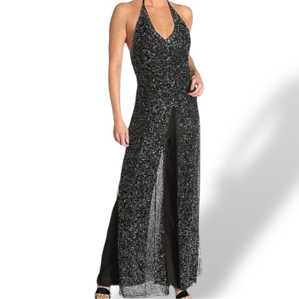 Scala Black Beaded Silk Sequin Jumpsuit Dress Wide Leg Overskirt Formal Size XS